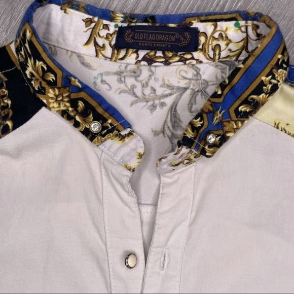 Old flag dragon gentlemen gold and royal blue shirt opal like intricate buttons - Picture 3 of 4